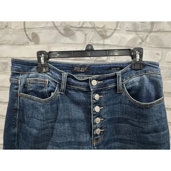 Judy Blue Jeans 13/31 Blue Dark High Rise Wide Leg Button Fly Denim Frayed Hem - Picture 5 of 13